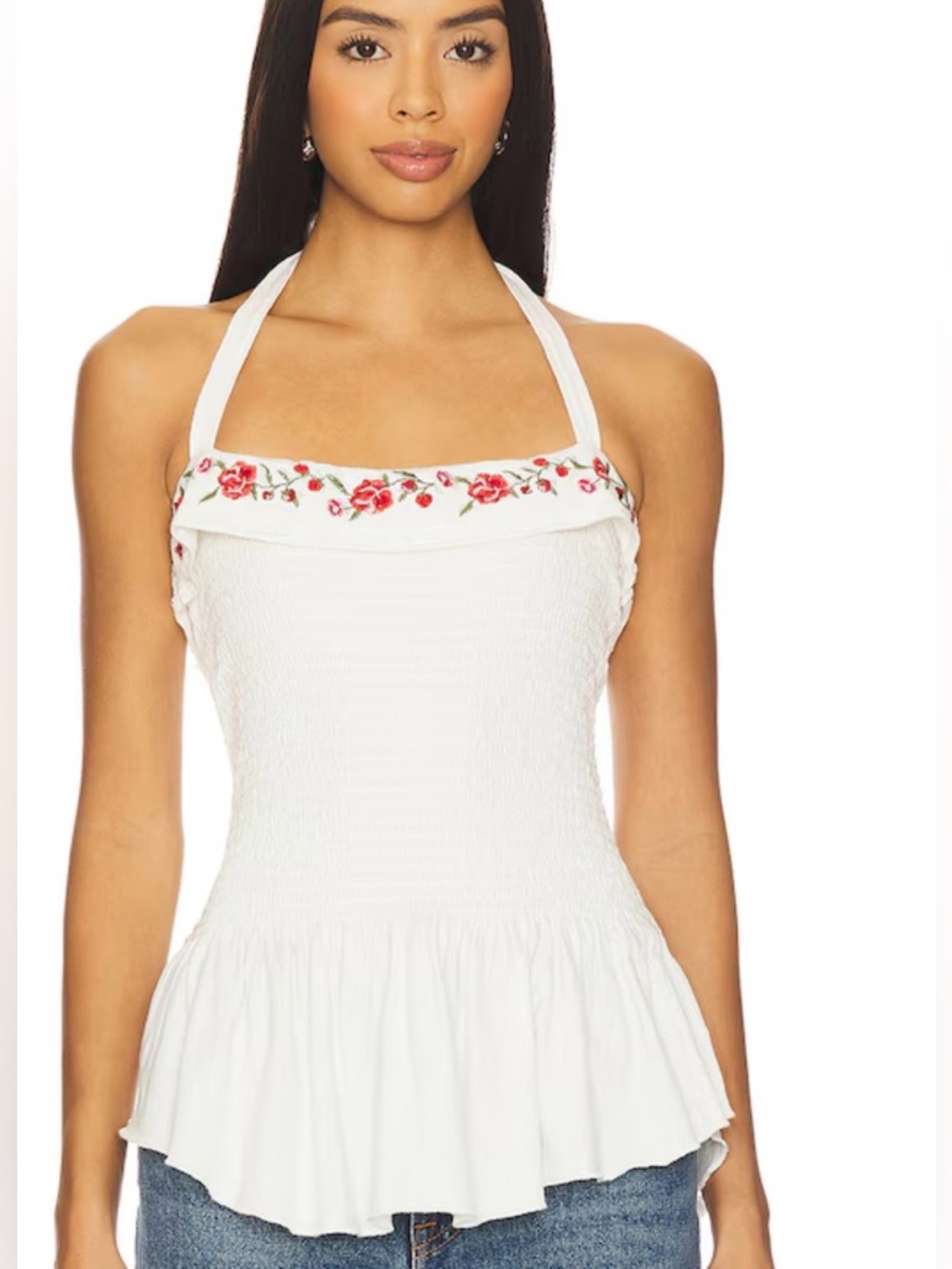 z777.Free People Alee Top  Embroidered Halter Peplum Top with Floral Trim NWT